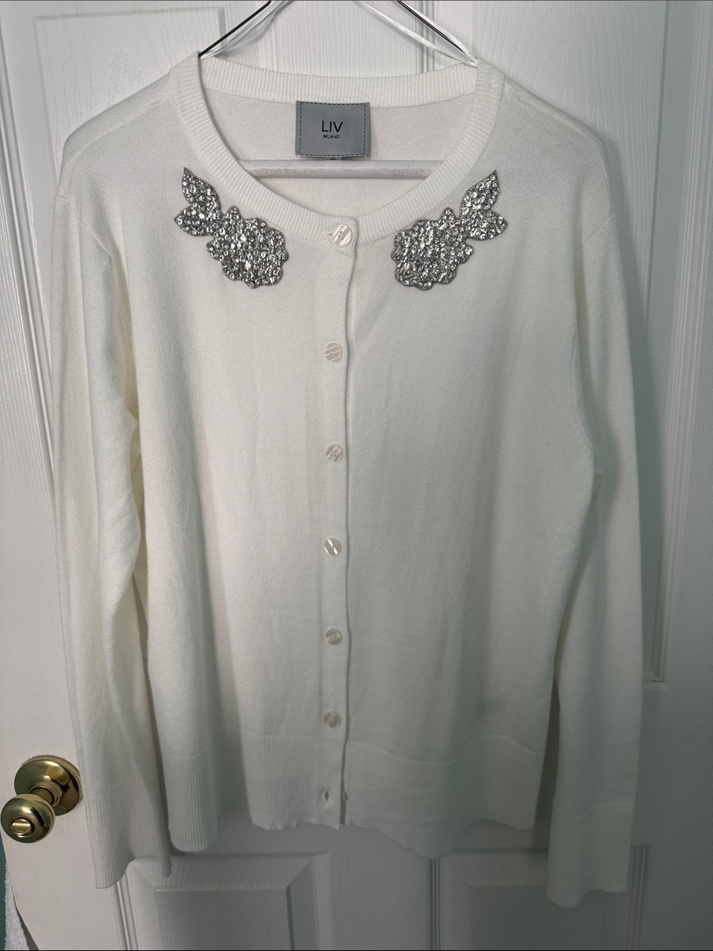 Milano Cream Cardigan sweater with Silver Crystal Appliqué size M